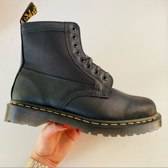 NEW DR DOC MARTENS Black Leather Canvas Panel Inset Lace Up Combat Ankle Boot 10 - Picture 1 of 9